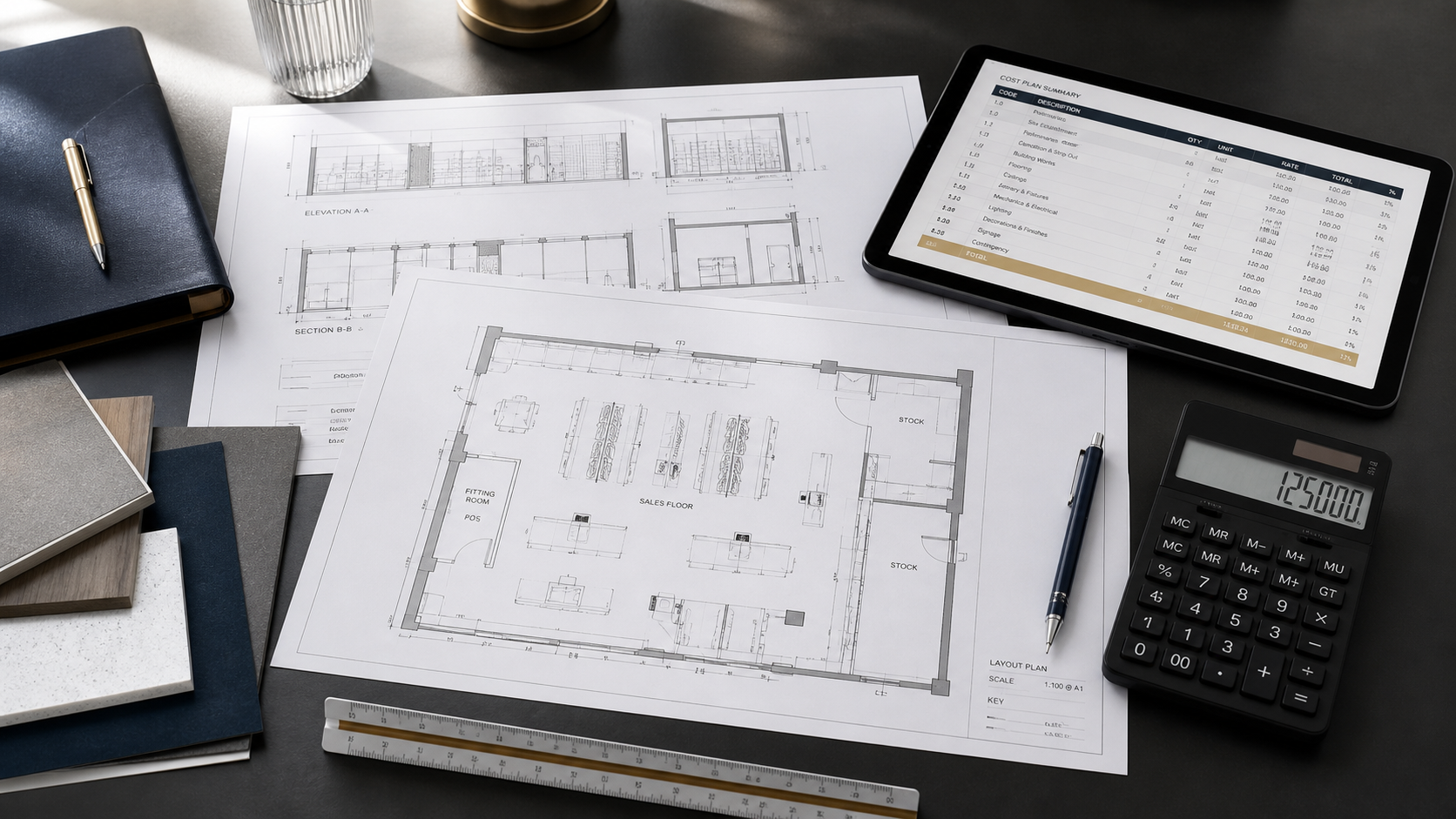 Illustrative project planning workspace with drawings, cost schedules and measuring tools